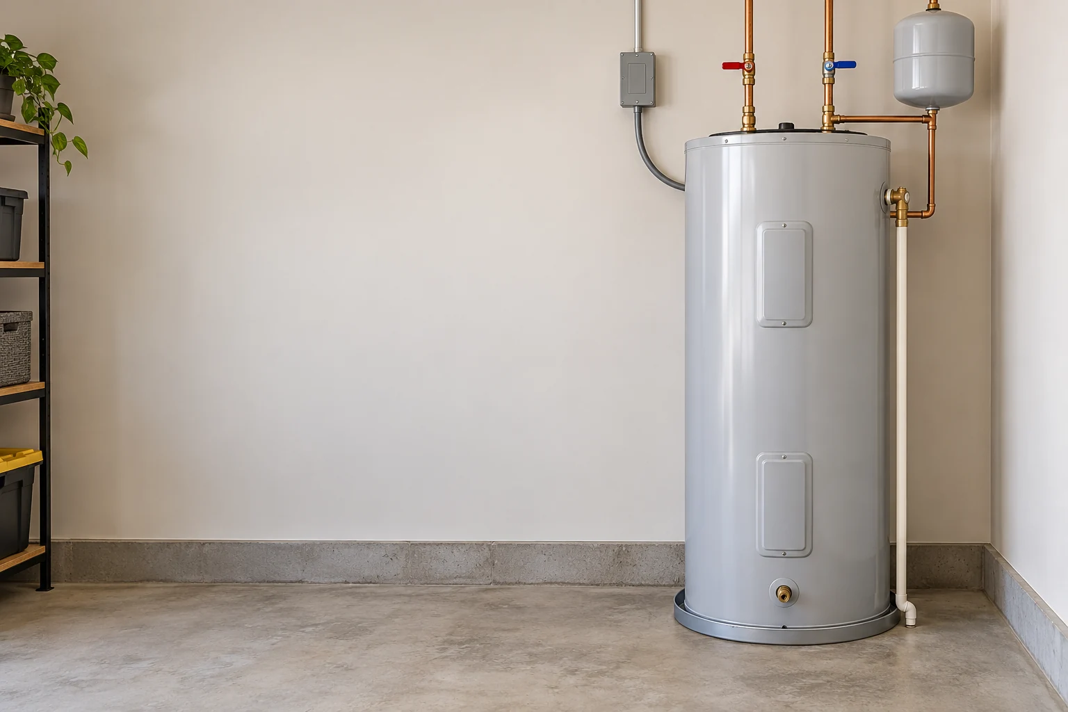 White cylindrical water heater with brass piping and expansion tank in utility room